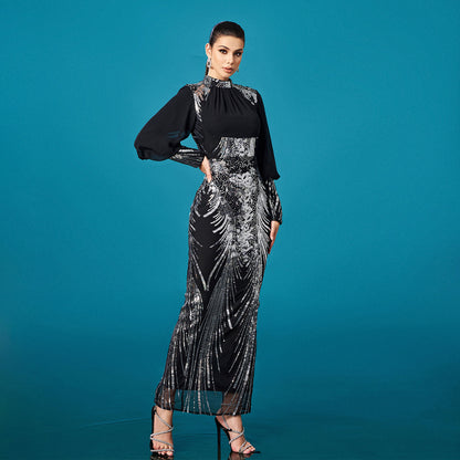 Long Sleeved Round-neck Sequined Long Dress