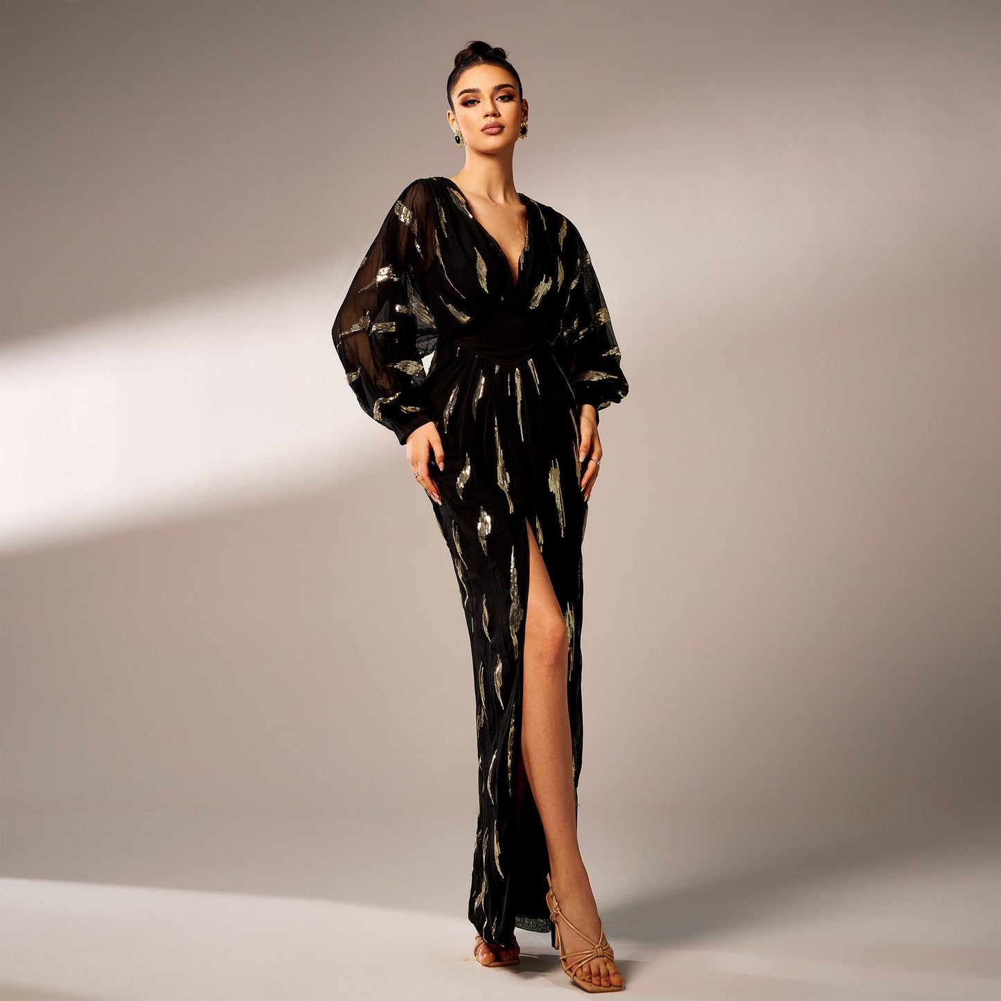 Long Sleeved V-neck Sequined Maxi Dress