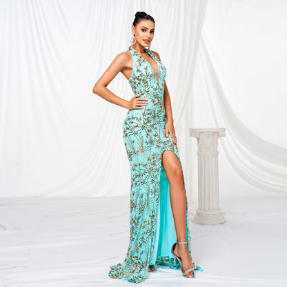 Strapless Slit Sequined Maxi Dress-Green - vevewholesale