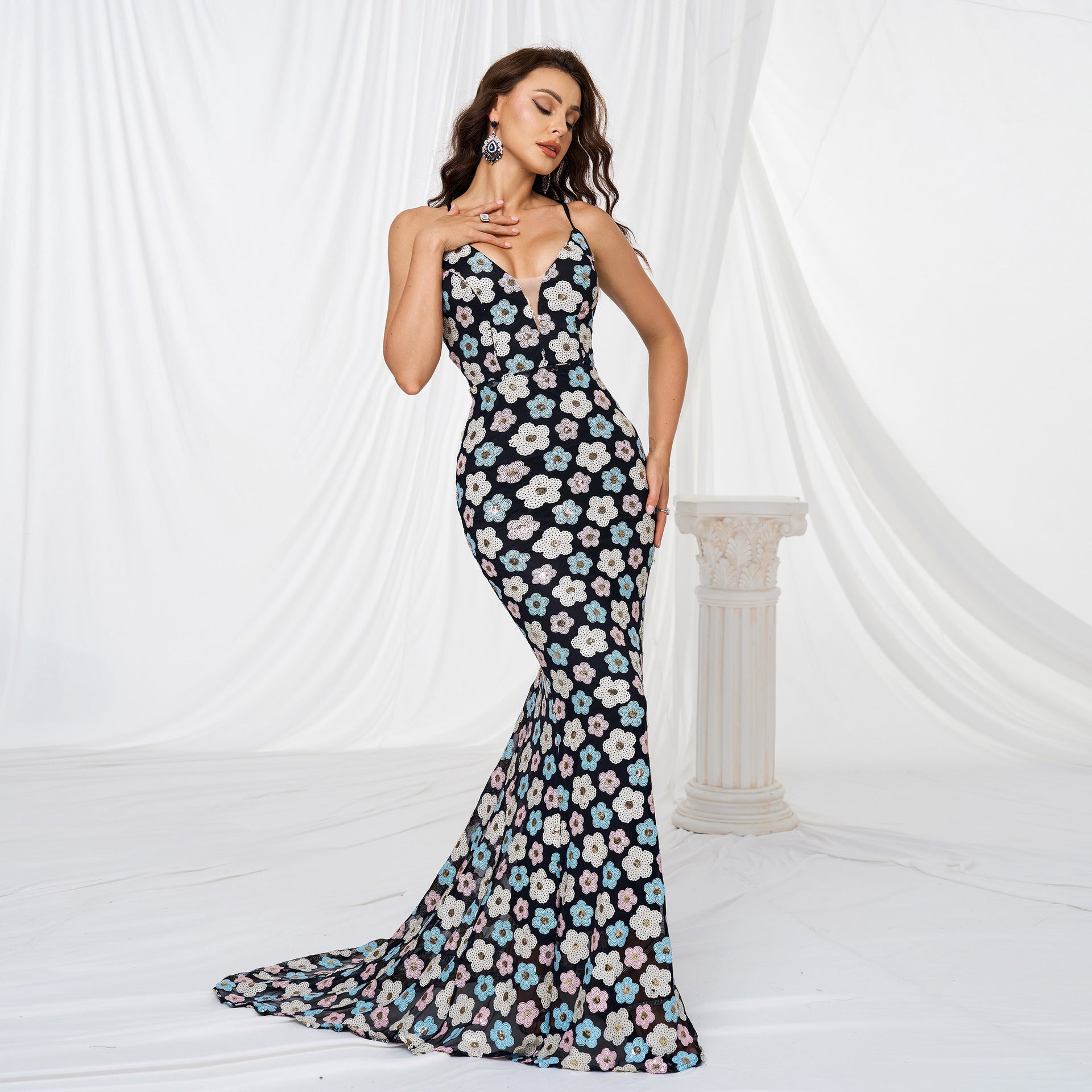 Halter Sequined Flower Fishtail Dress - vevewholesale