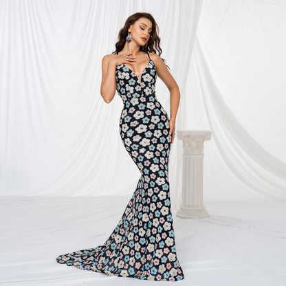 Halter Sequined Flower Fishtail Dress - vevewholesale