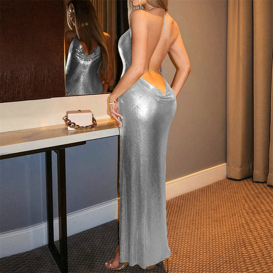 Halter Backless Metal Slit Maxi Dress-Silver - vevewholesale