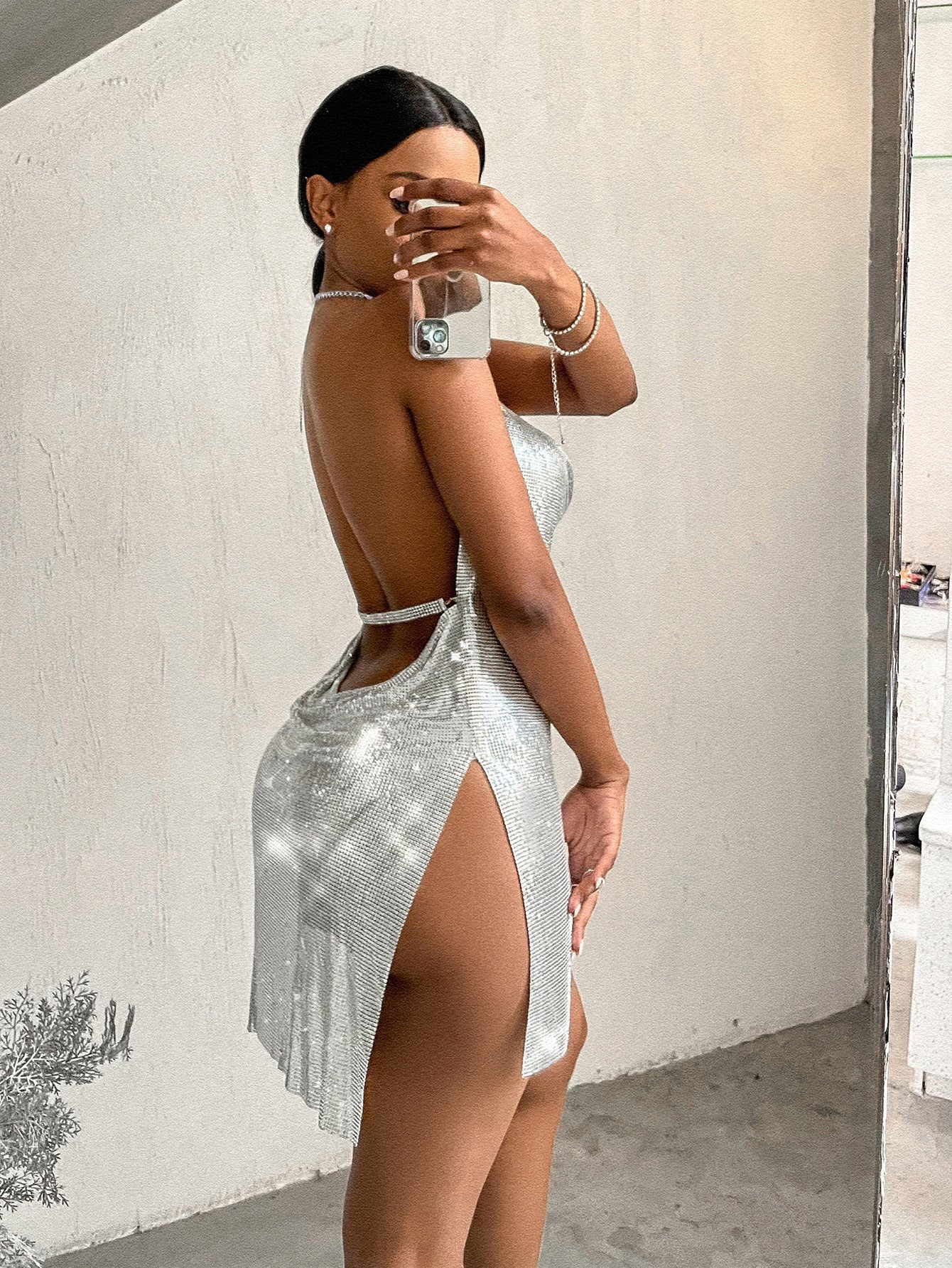 Backless Metal Sequined Strappy Mini Dress-Sliver - vevewholesale