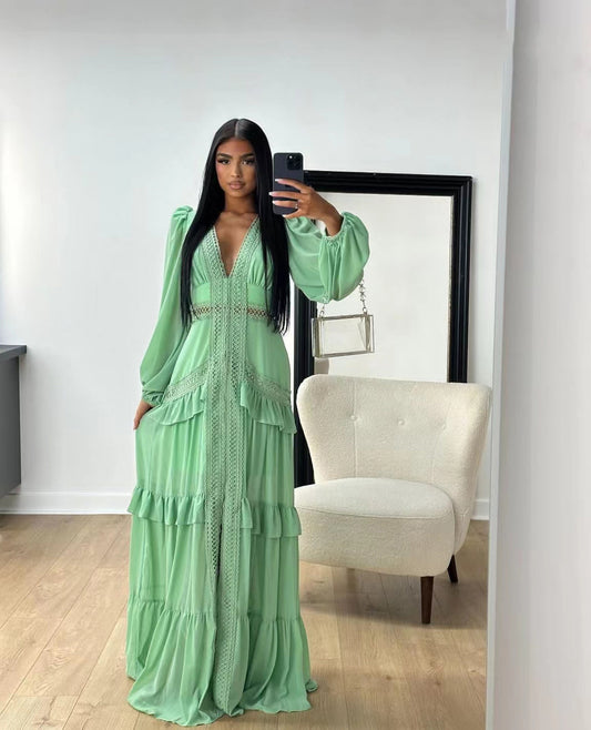 Long Sleeved V Neck Maxi Dress- Light Green - vevewholesale
