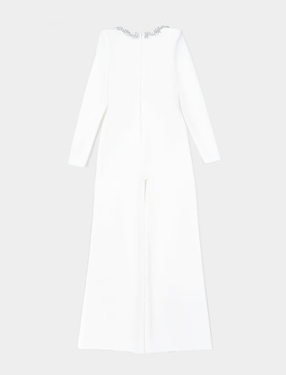 Square Neck Long Sleeved Jumpsuit-White - vevewholesale