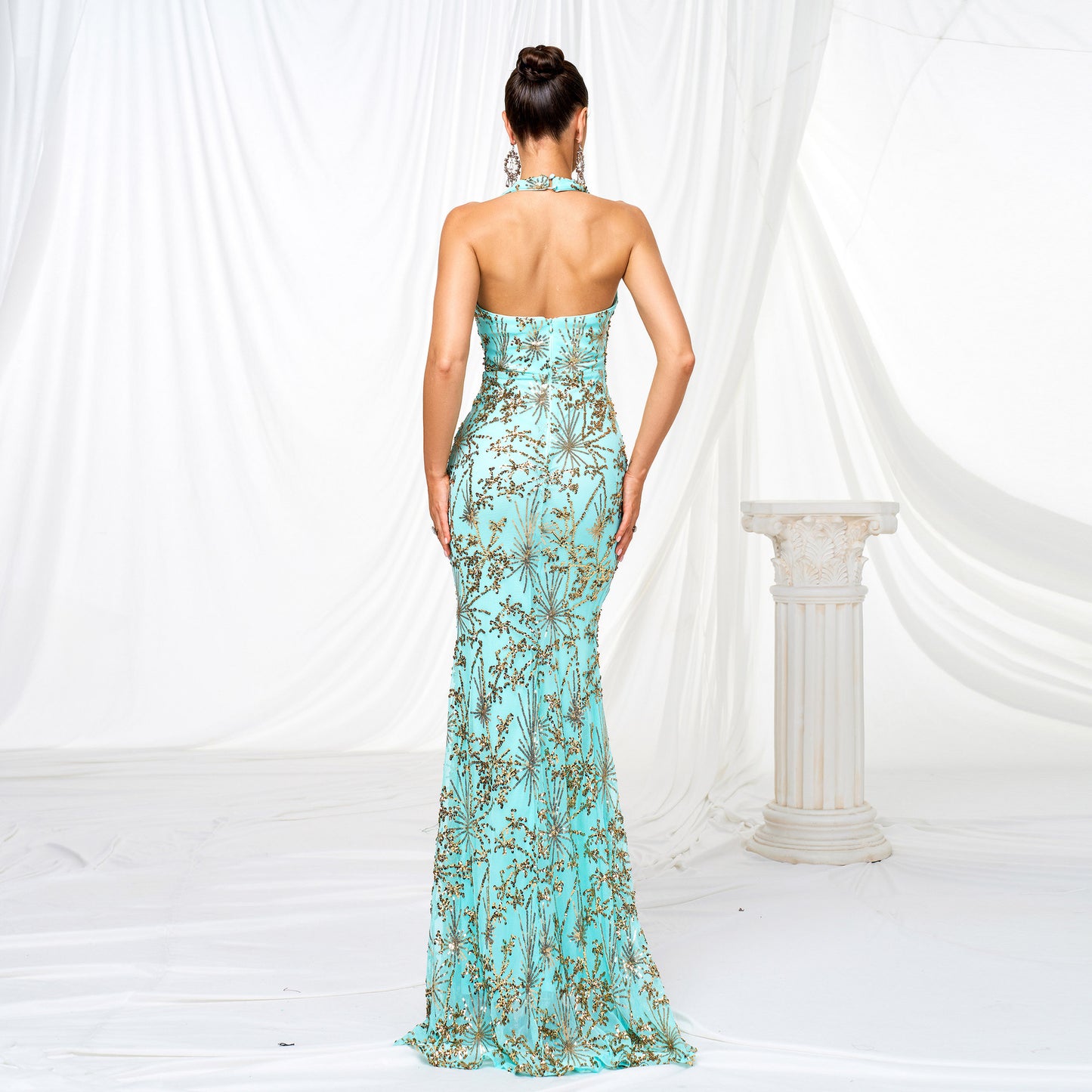 Strapless Slit Sequined Maxi Dress-Green - vevewholesale