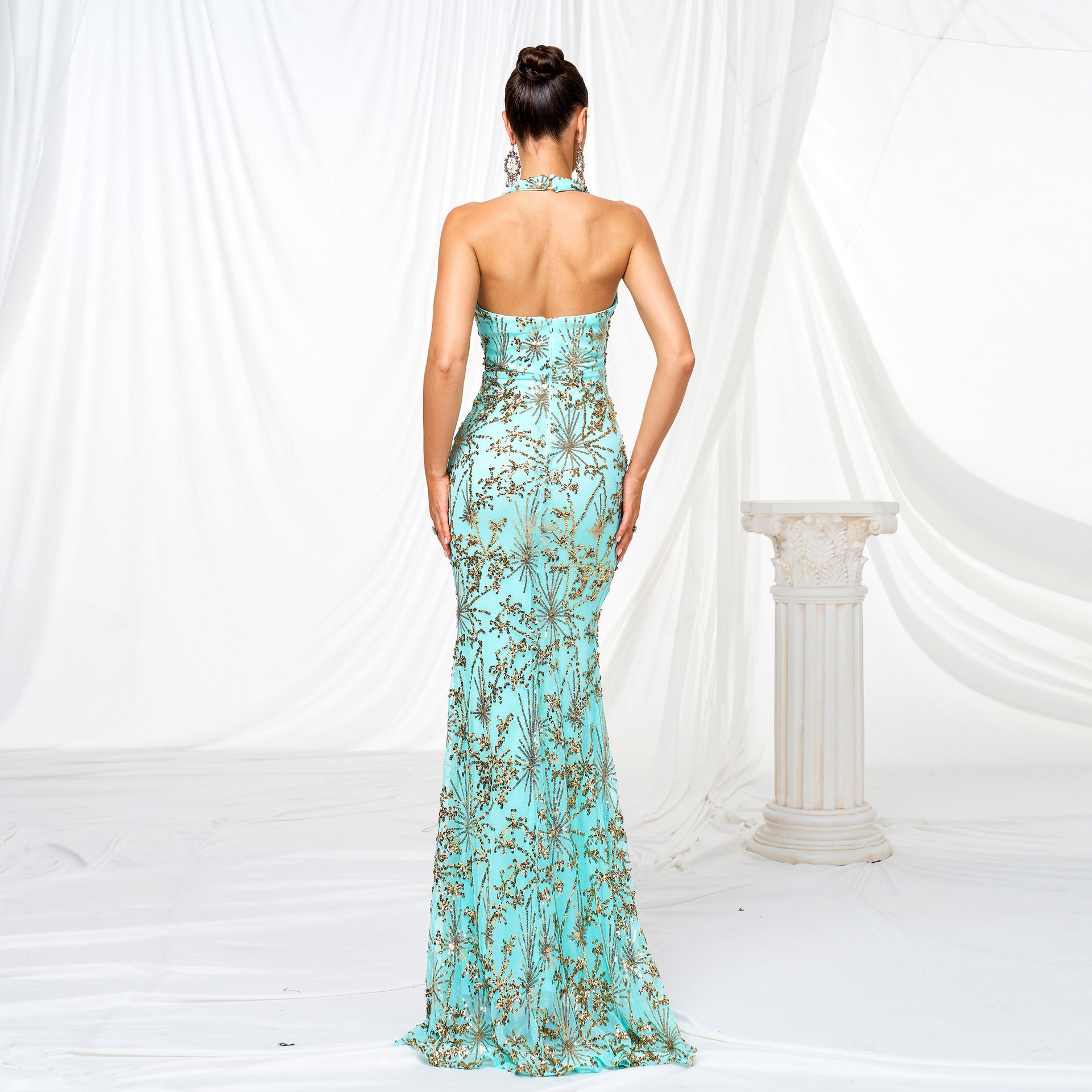 Strapless Slit Sequined Maxi Dress-Green - vevewholesale