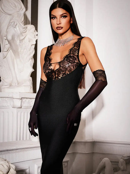 V Neck Lace Maxi Dress-Black - vevewholesale