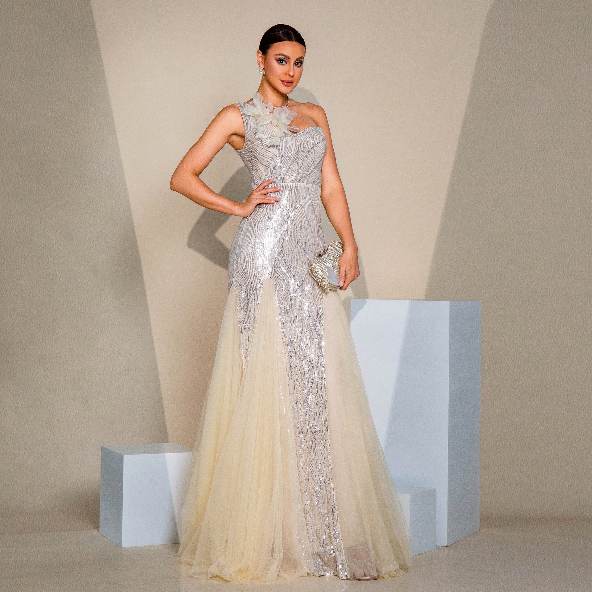 One Shoulder Sequined Slit Maxi Dress - vevewholesale