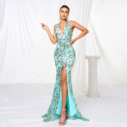 Strapless Slit Sequined Maxi Dress-Green - vevewholesale