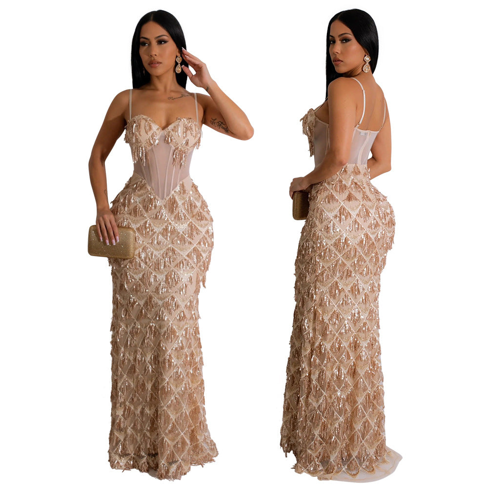 Sequined Halter Maxi Dress-Apricot Color - vevewholesale