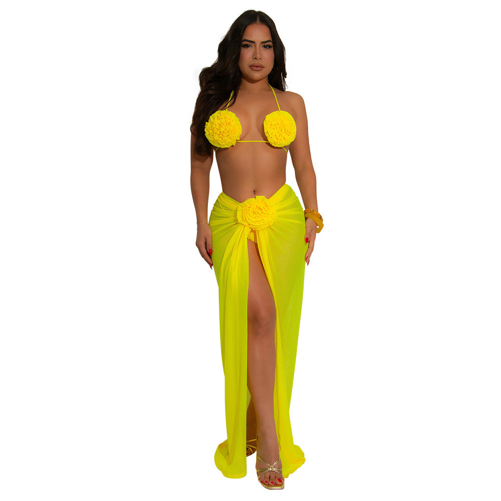 Halter Neck Three Pieces Bikini-Yellow - vevewholesale