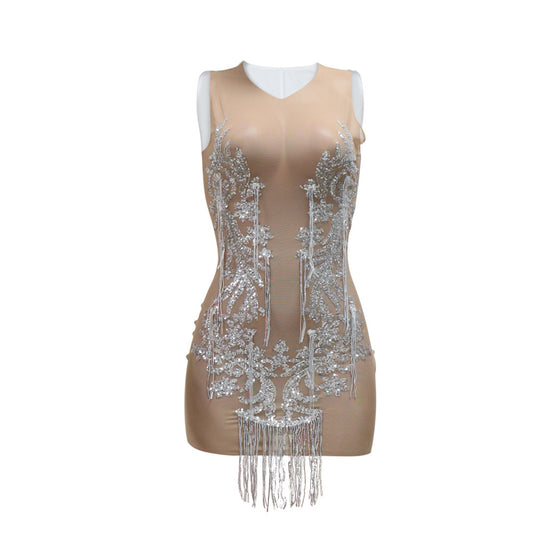 See Through Tassel Mini Dress-White