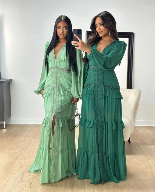 Long Sleeved V Neck Maxi Dress- Light Green - vevewholesale
