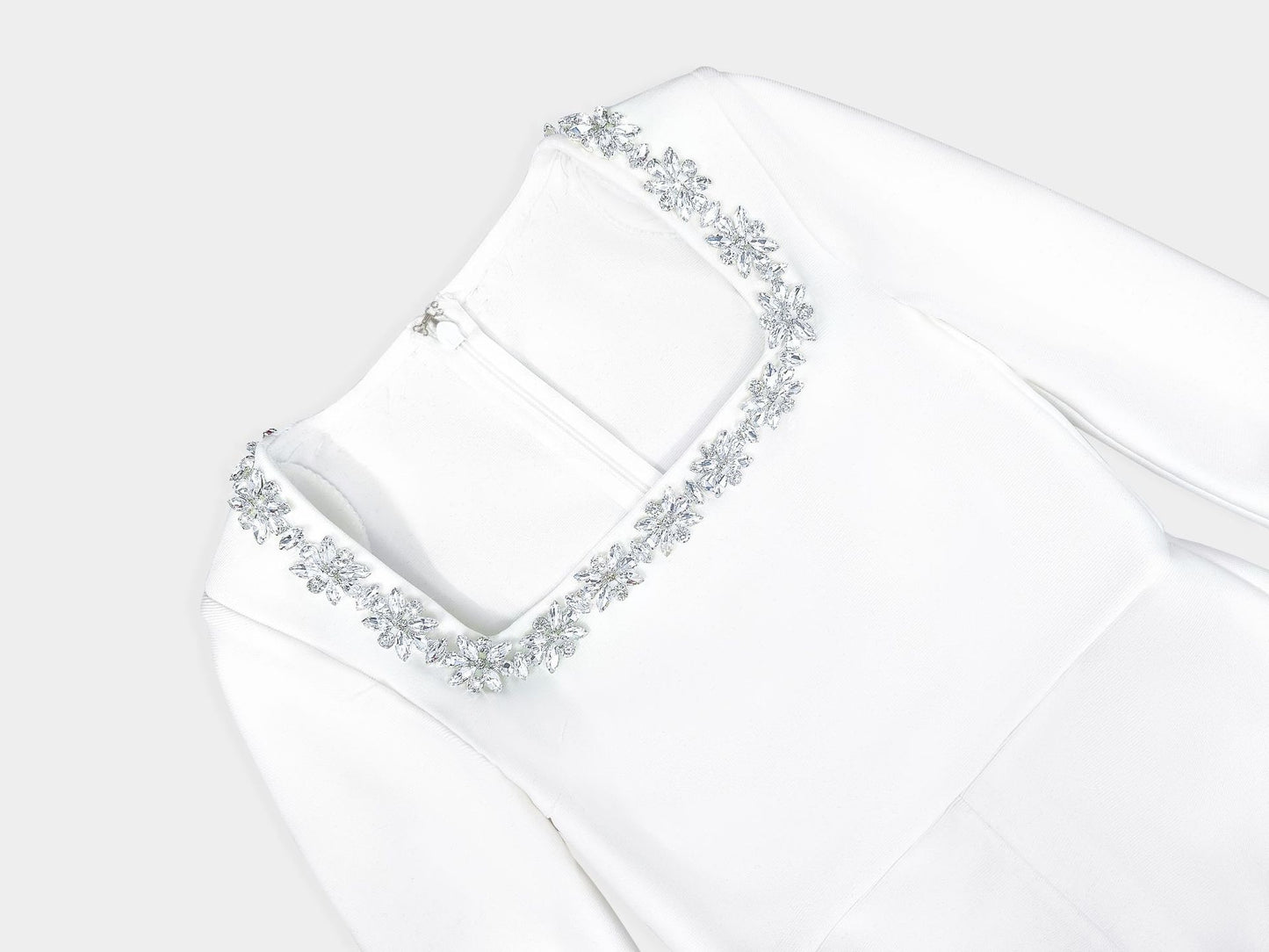 Square Neck Long Sleeved Jumpsuit-White - vevewholesale