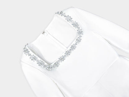 Square Neck Long Sleeved Jumpsuit-White - vevewholesale