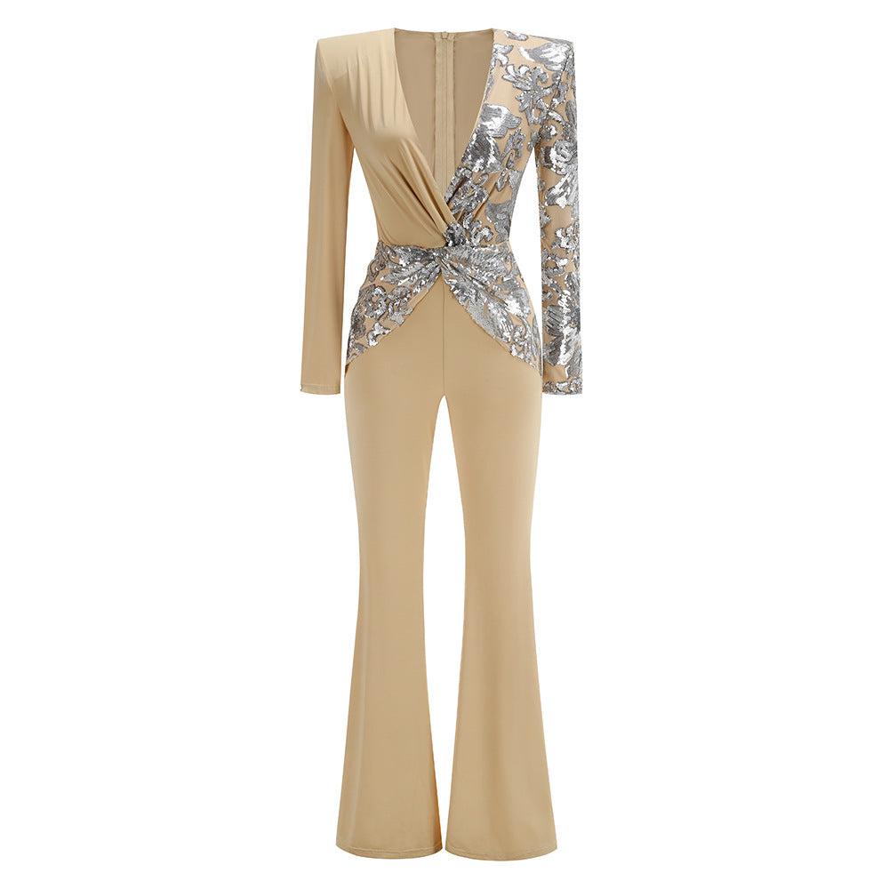 Deep V Shaped Sequined Long Sleeved Jumpsuit - vevewholesale
