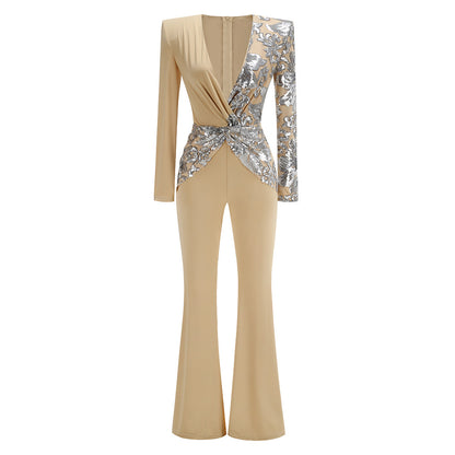 Deep V Shaped Sequined Long Sleeved Jumpsuit - vevewholesale