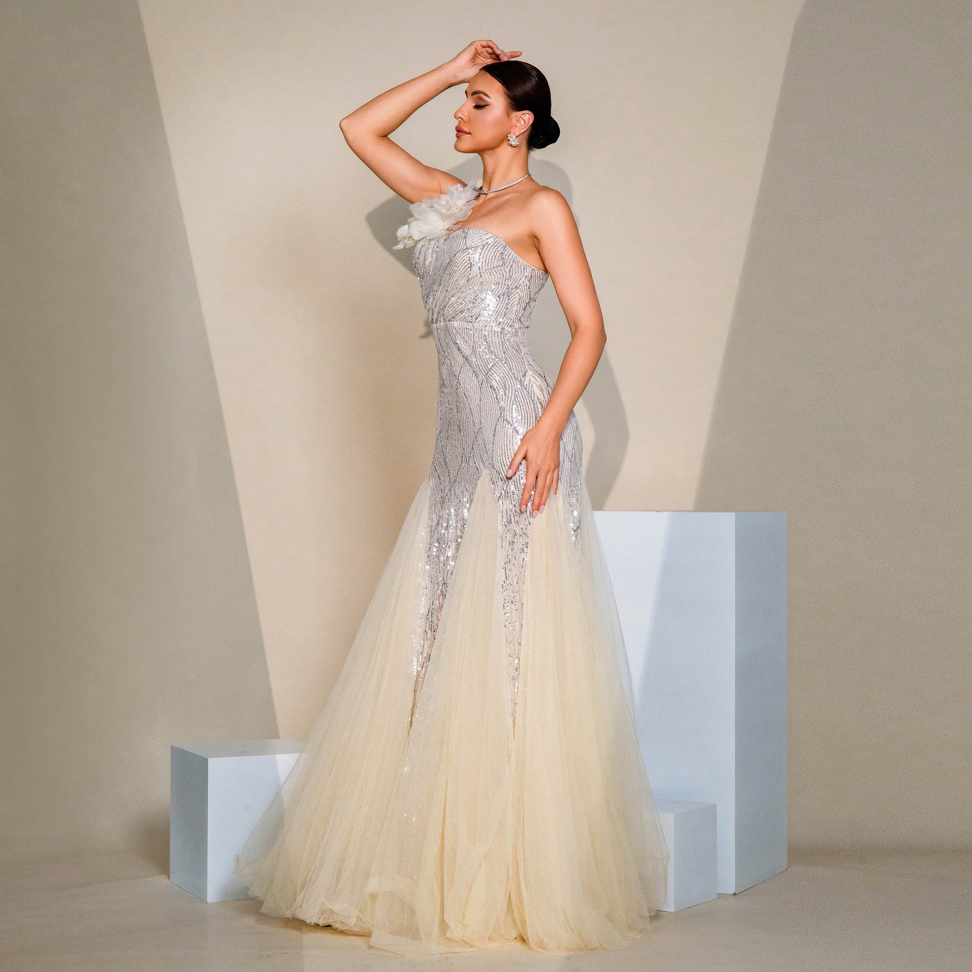 One Shoulder Sequined Slit Maxi Dress - vevewholesale