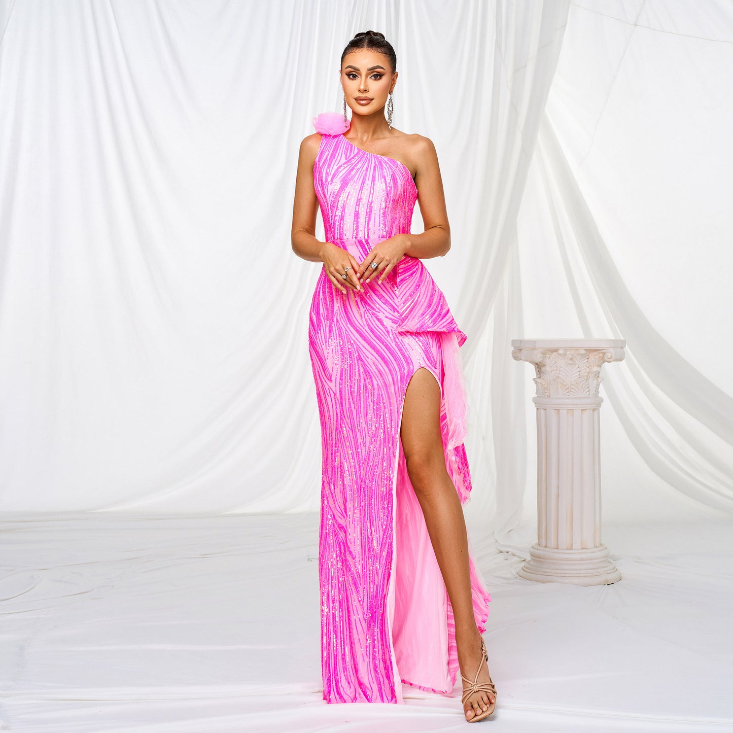 One Shoulder Sequined Maxi Dress