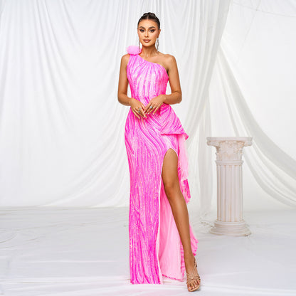 One Shoulder Sequined Maxi Dress