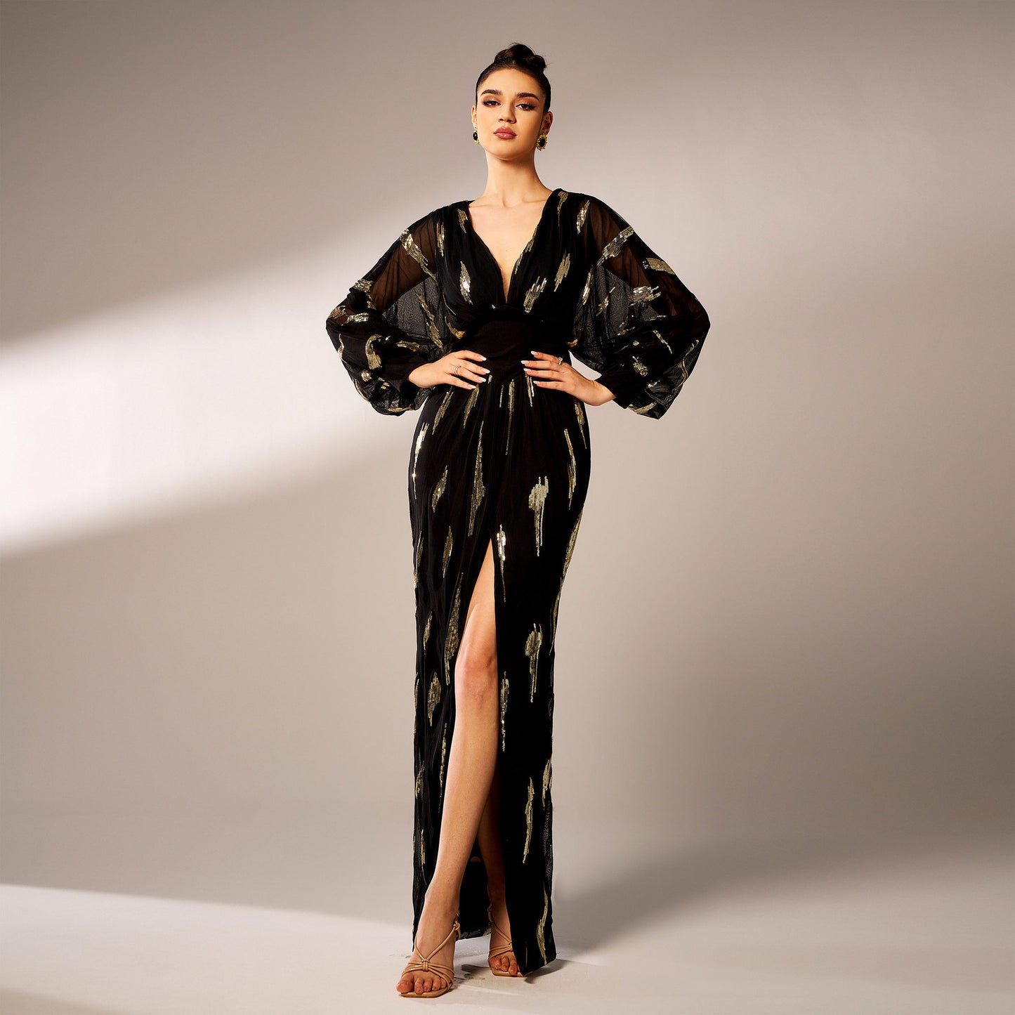 Long Sleeved V-neck Sequined Maxi Dress