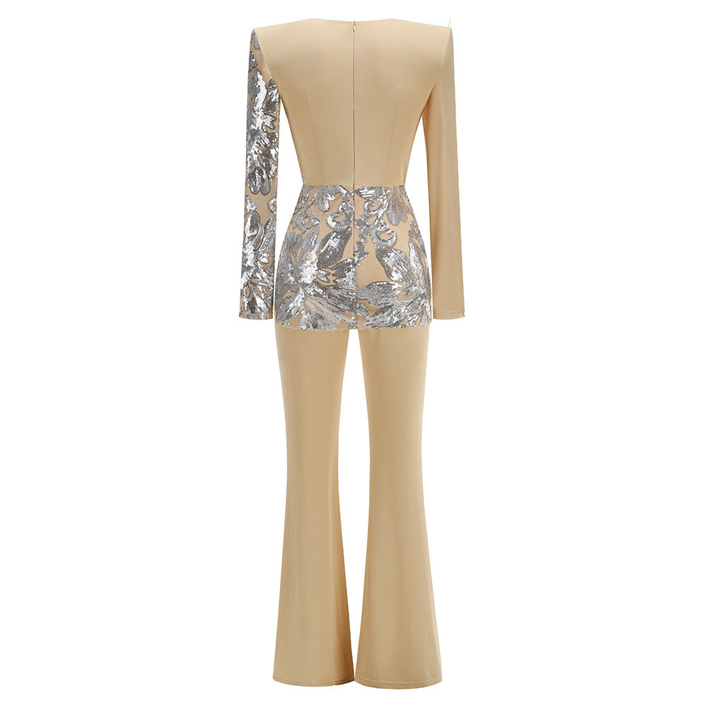 Deep V Shaped Sequined Long Sleeved Jumpsuit - vevewholesale