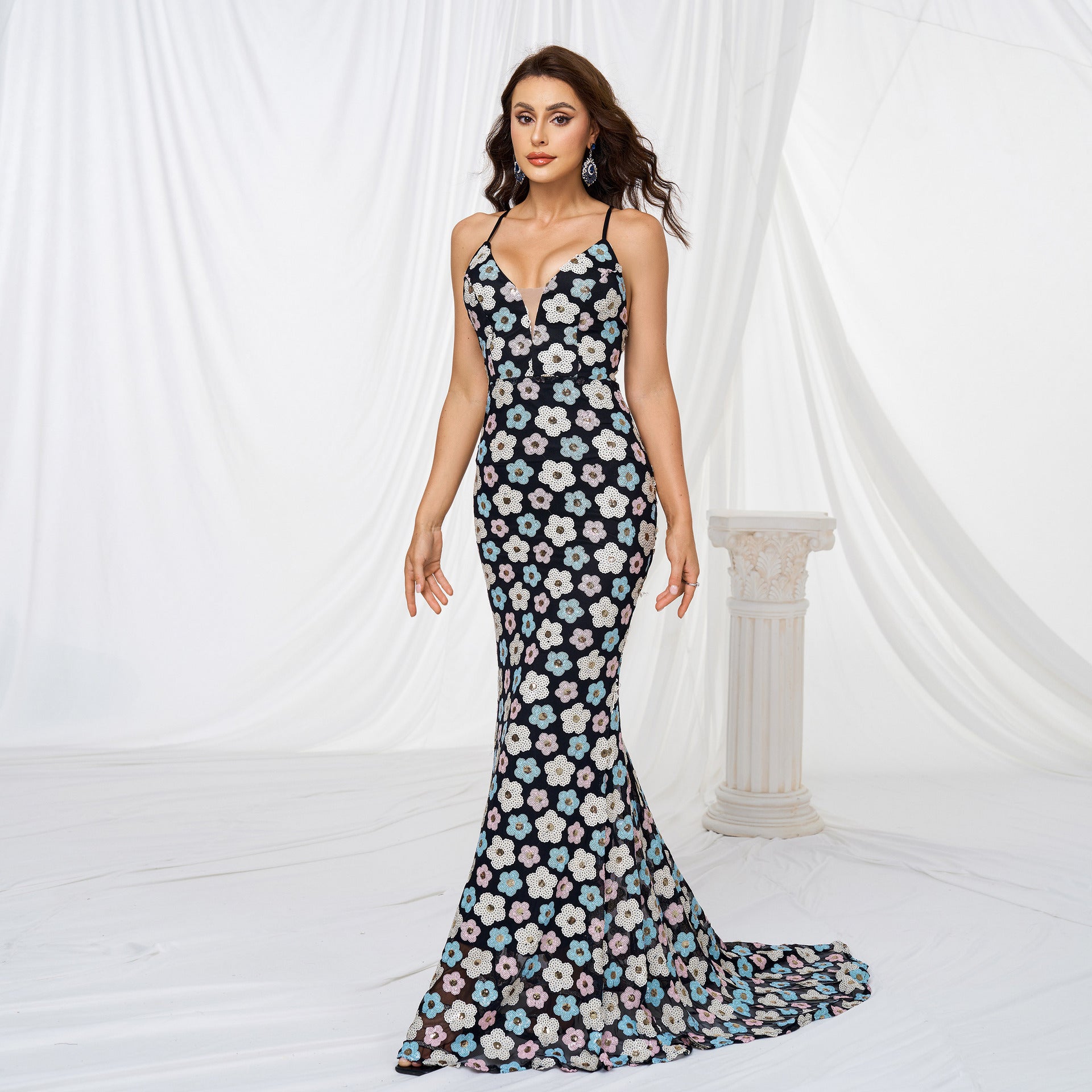 Halter Sequined Flower Fishtail Dress - vevewholesale