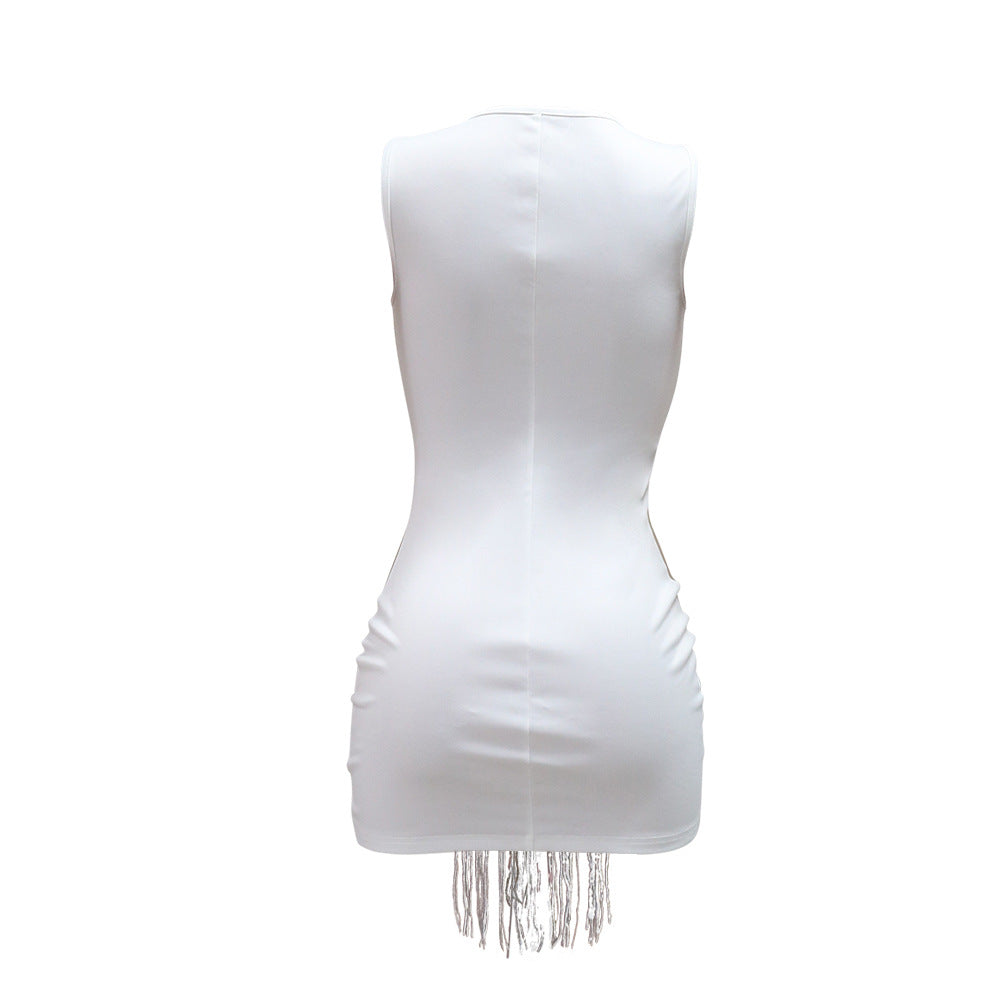 See Through Tassel Mini Dress-White