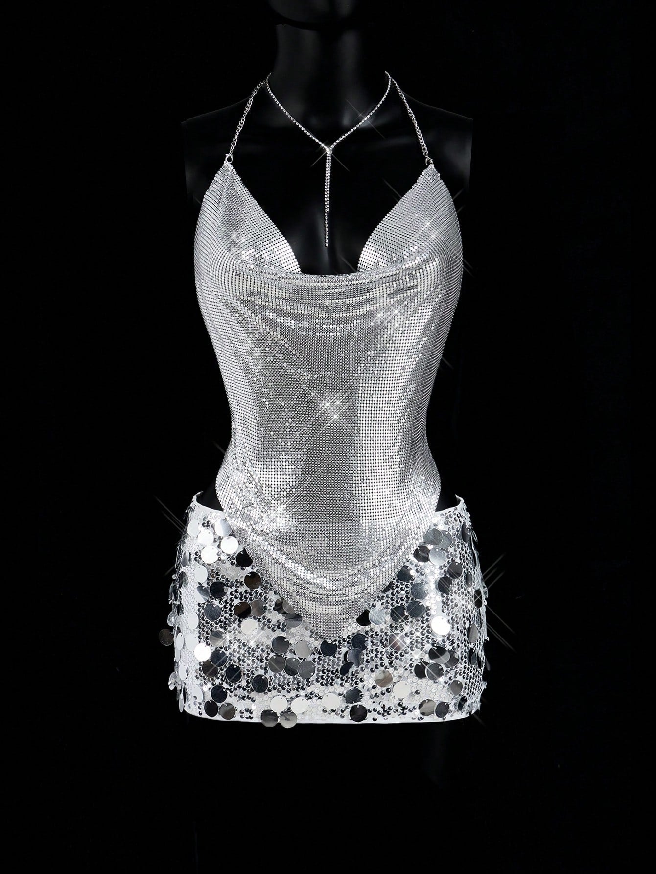 Metal Sequin Deep V Top-Sliver - vevewholesale