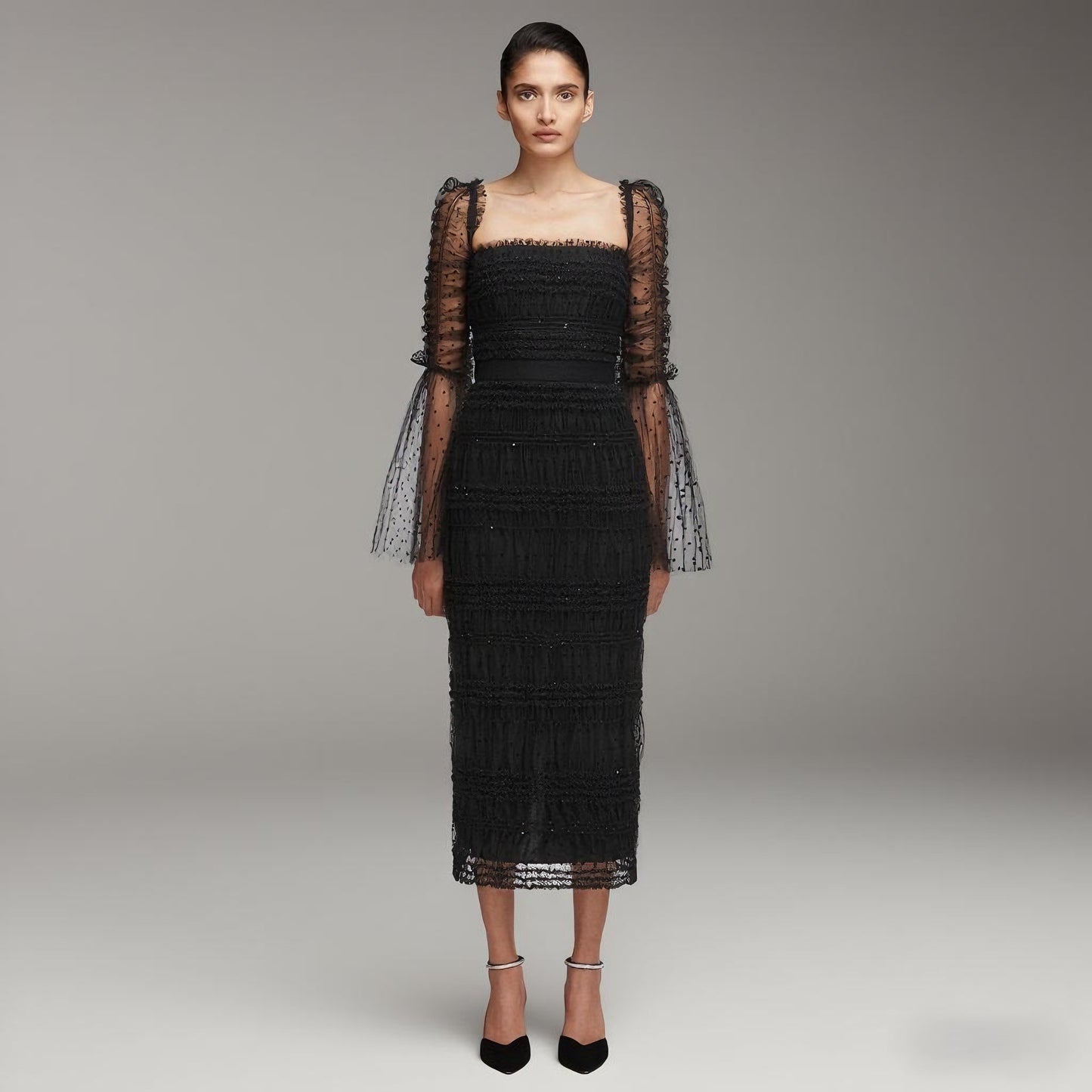 Puffy Long Sleeved Lace Long Dress - vevewholesale