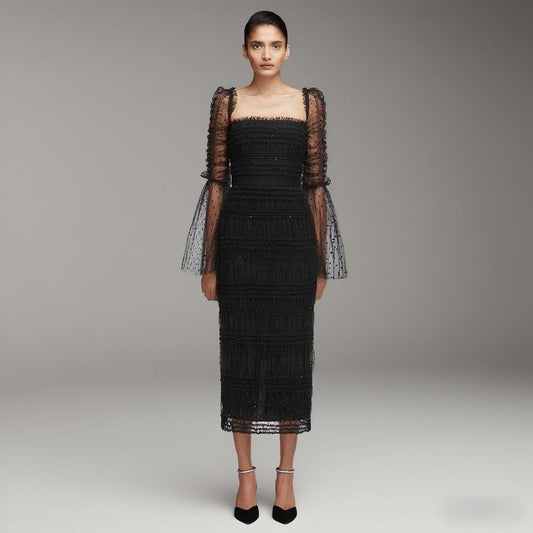 Puffy Long Sleeved Lace Long Dress - vevewholesale
