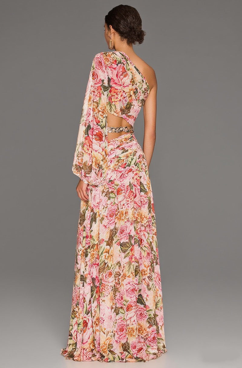 One-shoulder high-cross printed dress-Pink - vevewholesale