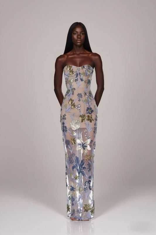 Strapless One Shoulder Long Dress-Light Blue - vevewholesale