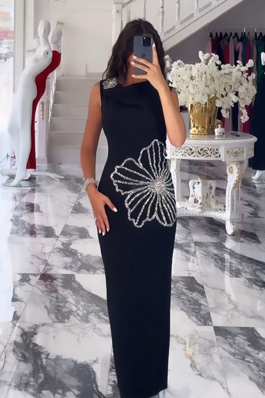 One Shoulder Diamond-Encrusted Sleeveless Maxi Dress - vevewholesale