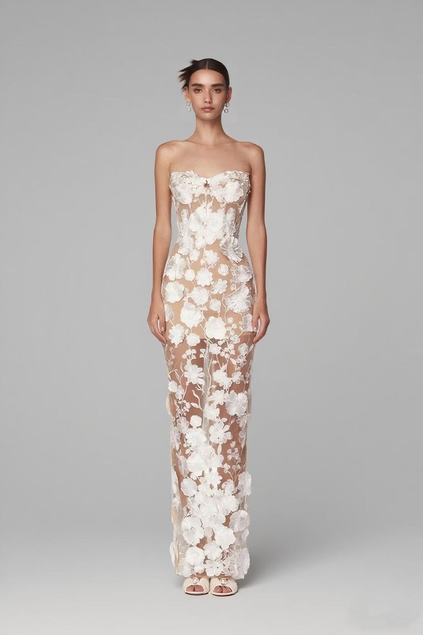 Flower Strapless Maxi Dress-White