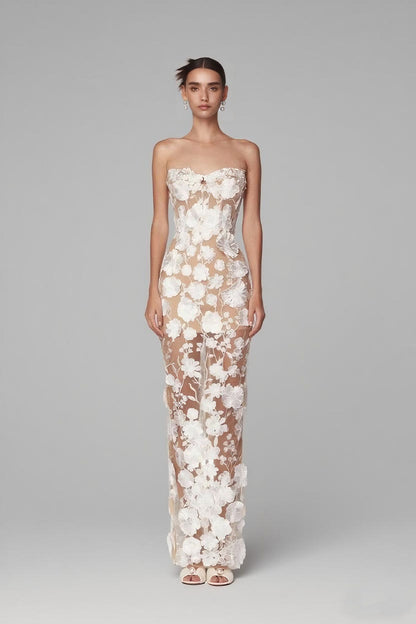 Flower Strapless Maxi Dress-White