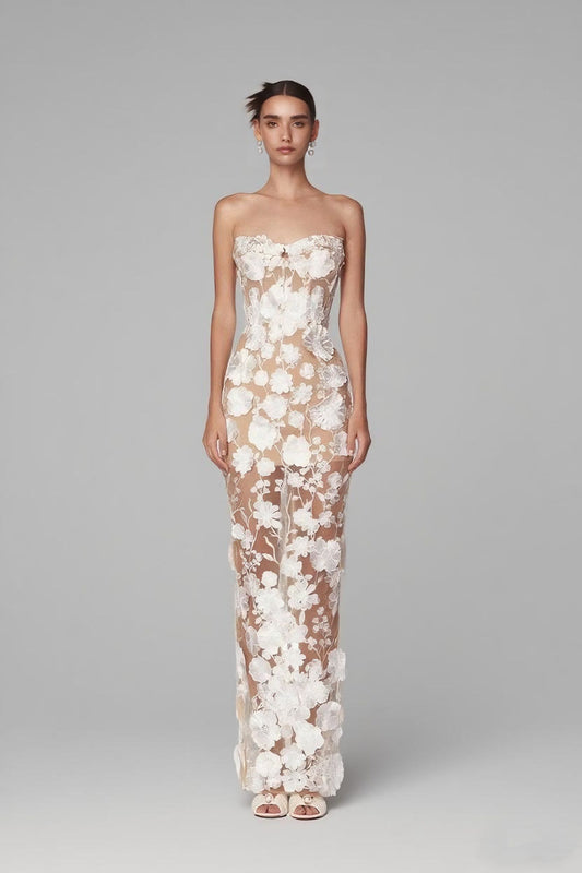 Flower Strapless Maxi Dress-White