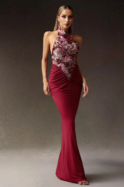 Halter Embroidered Patchwork Maxi Dress-Red