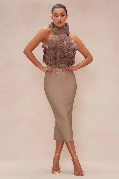 Big Flower Midi Dress-Apricot Color - vevewholesale