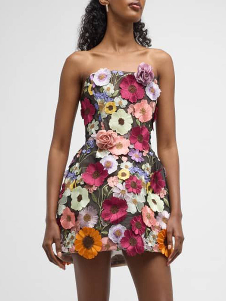 Strapless Fower Mini Dress-Colour Black - vevewholesale