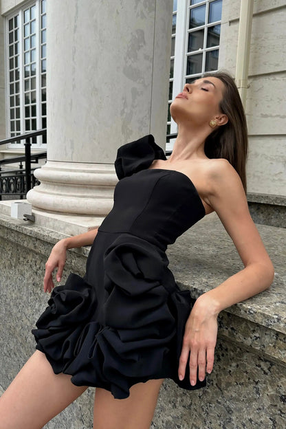 Ruffled flower bud puffy dress- black - vevewholesale