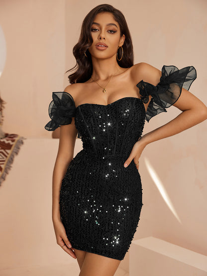 Sequined Off-The-Shoulder Mini Dress-Black