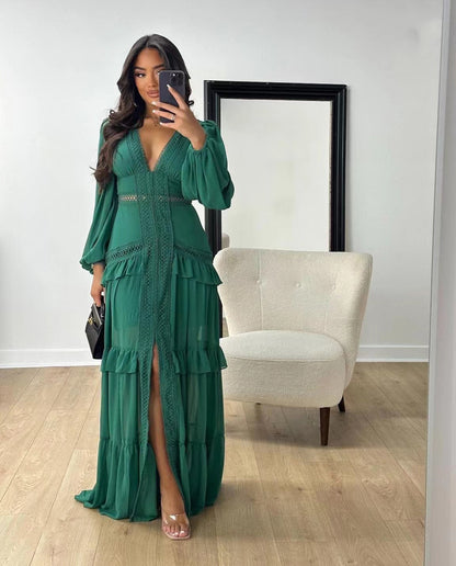 Long Sleeved V Neck Maxi Dress-Green - vevewholesale