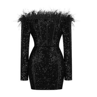 Feather Sequin Long Sleeved Mini Dress-Black - vevewholesale