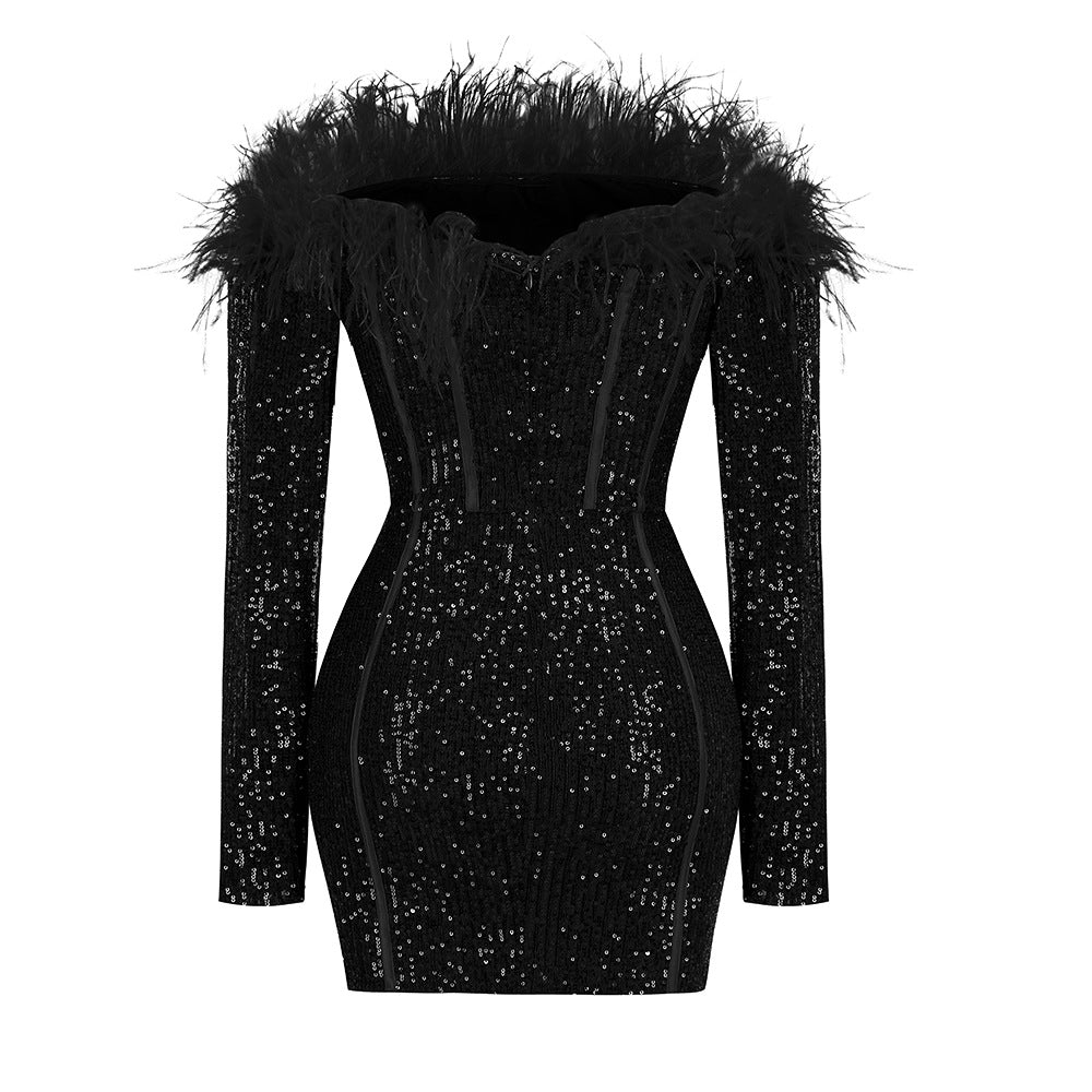 Feather Sequin Long Sleeved Mini Dress-Black - vevewholesale