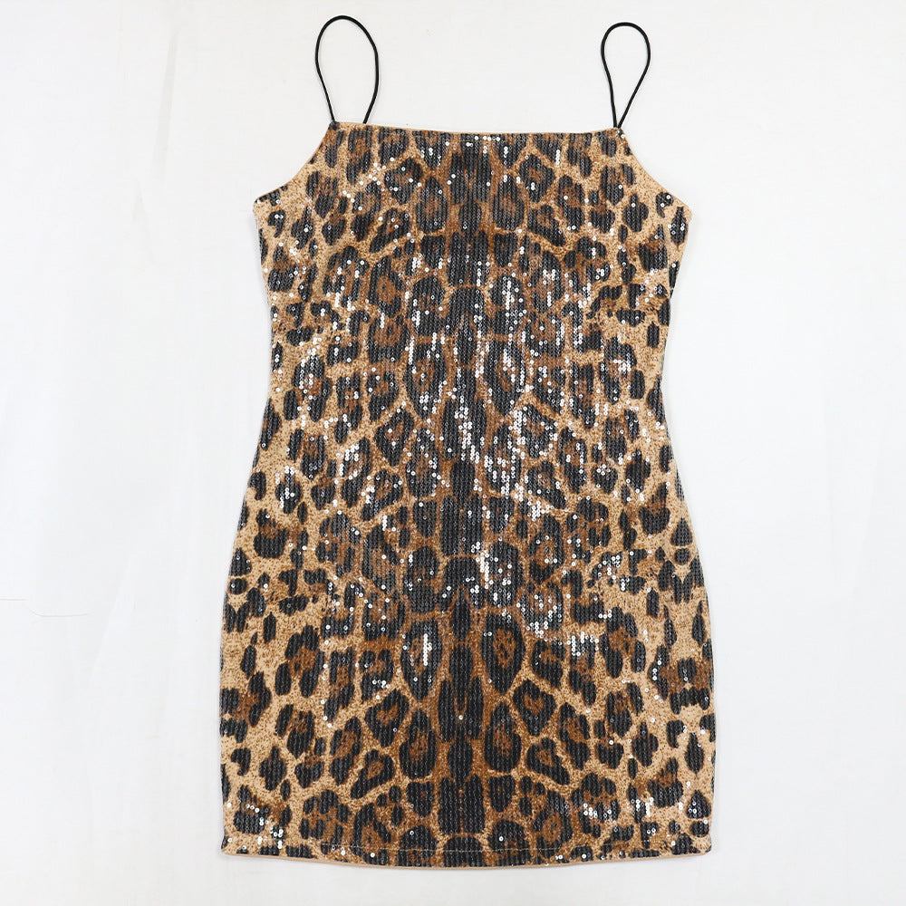Sequined Halter Leopard Print Mini Dress-Leopard Print - vevewholesale