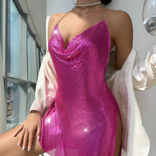 Backless Metal Sequined Strappy Mini Dress-RoseRed