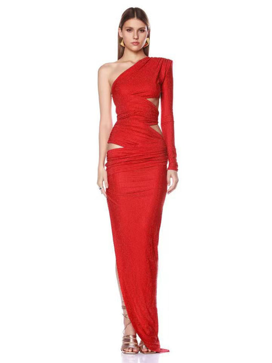 Red hollow-cut drill one-shoulder dress