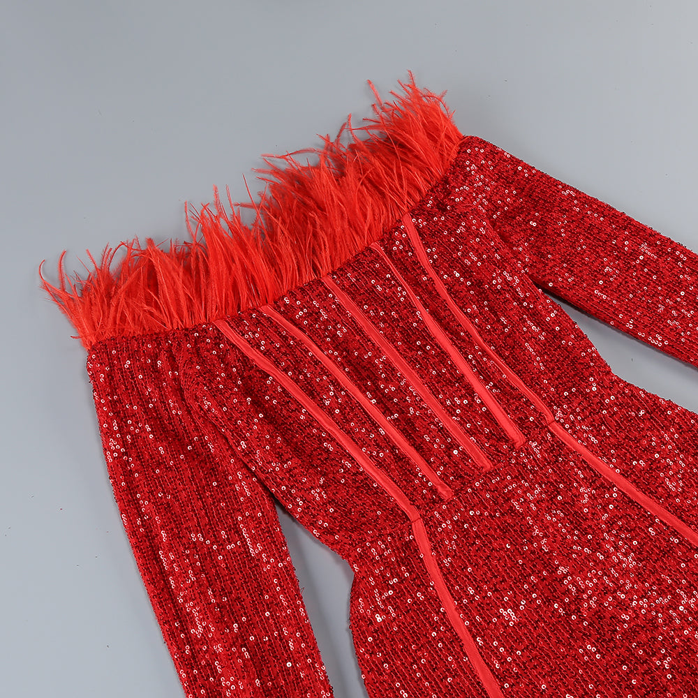 Feather Sequin Long Sleeved Mini Dress-Red - vevewholesale